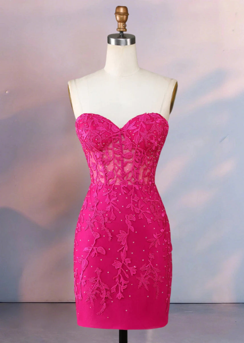 Despina | Dazzle in Black: Lace Short Strapless Homecoming Dress with Sparkling Details - Fuchsia - PromDressClub