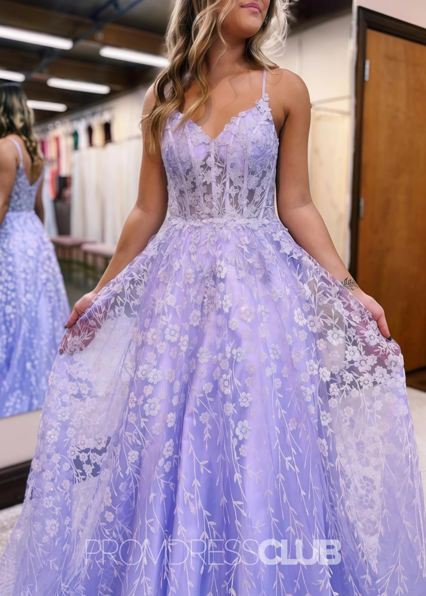 Diana |Long Gold Prom Dress Lace With A Line Spaghetti Straps Appliques - Lilac - PromDressClub