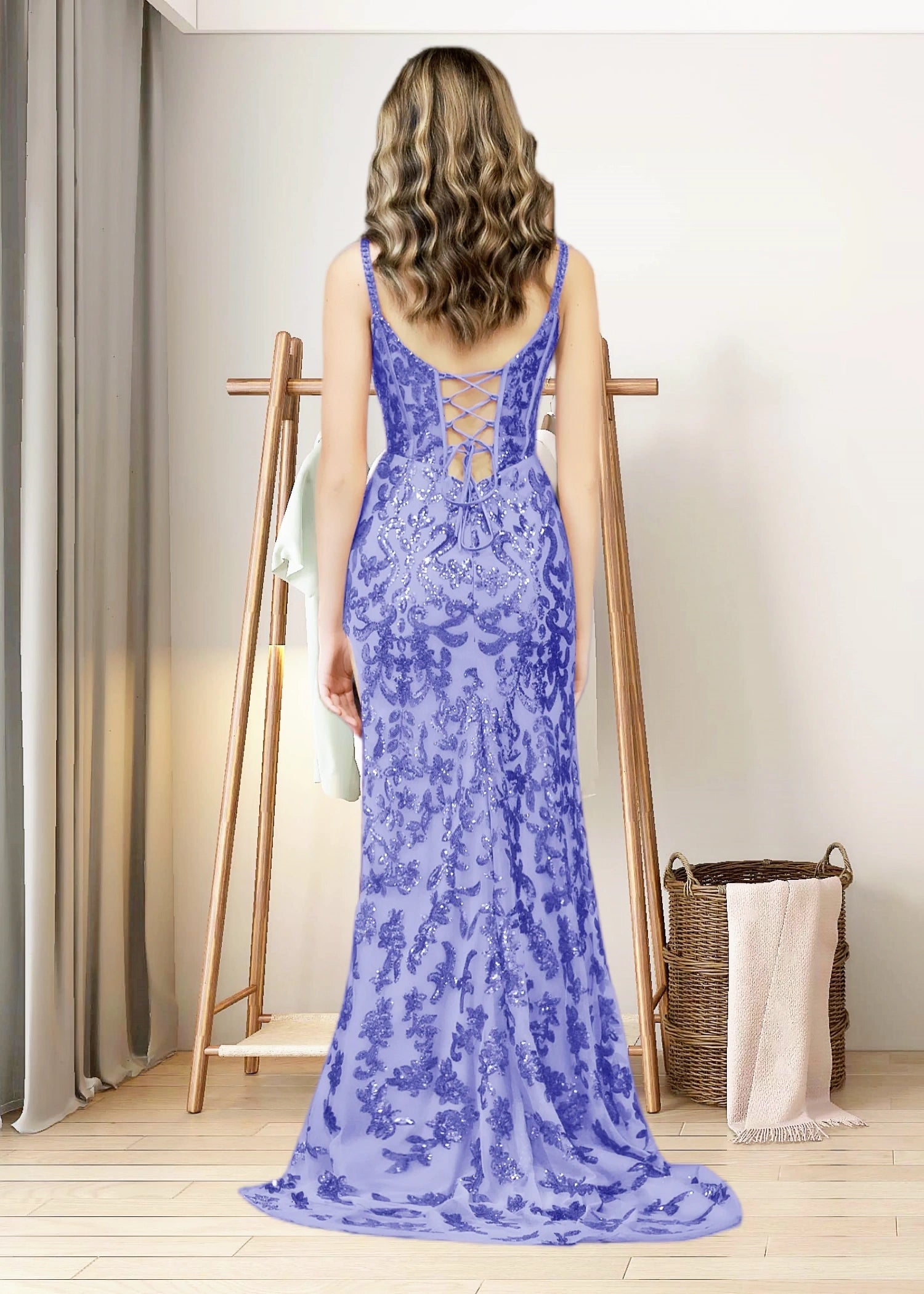 Diana | Black and Purple Mermaid Sequin Corset Prom Dress with Slit - Lavender - PromDressClub