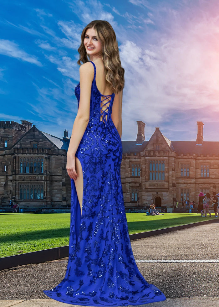 Diana | Black and Purple Mermaid Sequin Corset Prom Dress with Slit - Royal Blue - PromDressClub