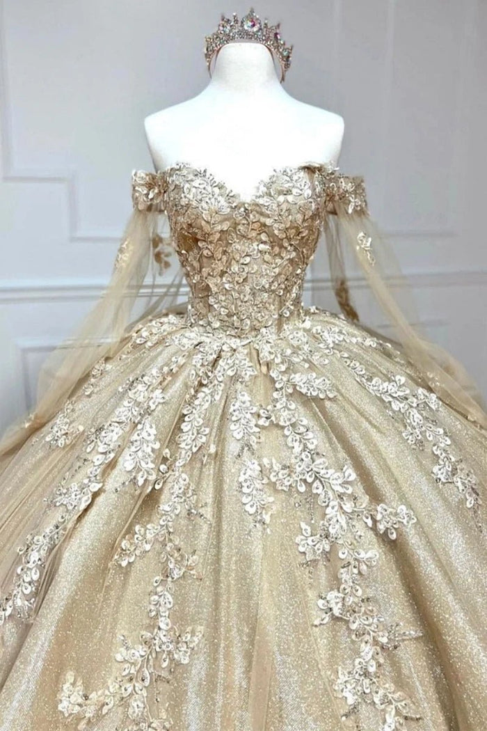 Dina | Gorgeous Gold Quinceanera Dresses with Sleeves - Exquisite & Elegant - Gold - PromDressClub