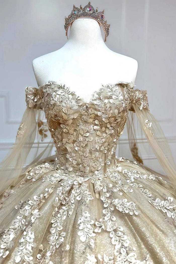 Dina | Gorgeous Gold Quinceanera Dresses with Sleeves - Exquisite & Elegant - Gold - PromDressClub