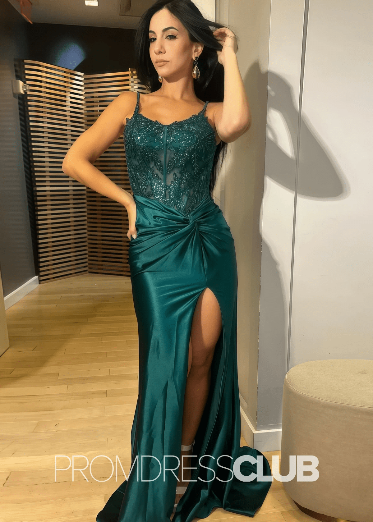 Dolores |Dark Green Prom Dress Long Mermaid Pleated Corset Spaghetti Straps with Slit - Dark Green - PromDressClub