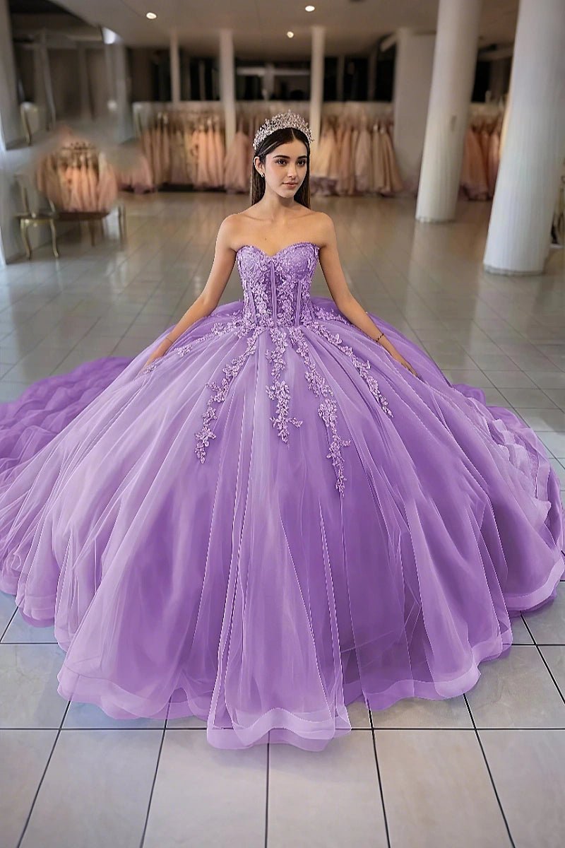 Dolores | Exquisite Lavender Flower Strapless Corset Quinceanera Dresses - Lilac - PromDressClub
