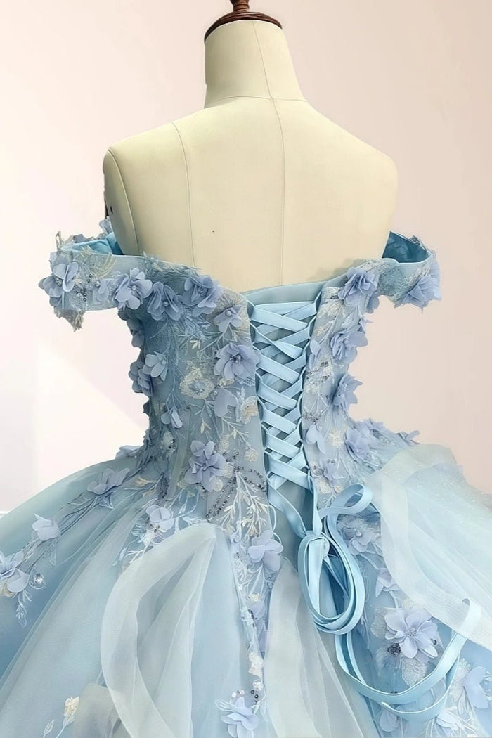 Dolores | Gorgeous Light Blue Quinceanera Flower Dresses Off the Shoulder - Exquisitely Designed & Utterly Enchanting - Light Blue - PromDressClub