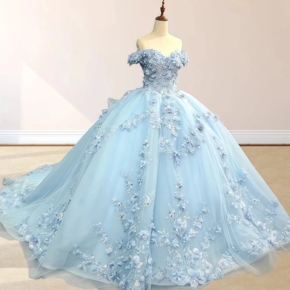 Dolores | Gorgeous Light Blue Quinceanera Flower Dresses Off the Shoulder - Exquisitely Designed & Utterly Enchanting - Light Blue - PromDressClub