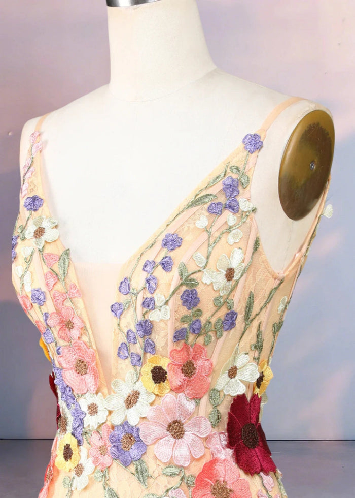 Domizia | Stunning Flower Homecoming Dresses That Wow at First Sight - Champagne Floral - PromDressClub