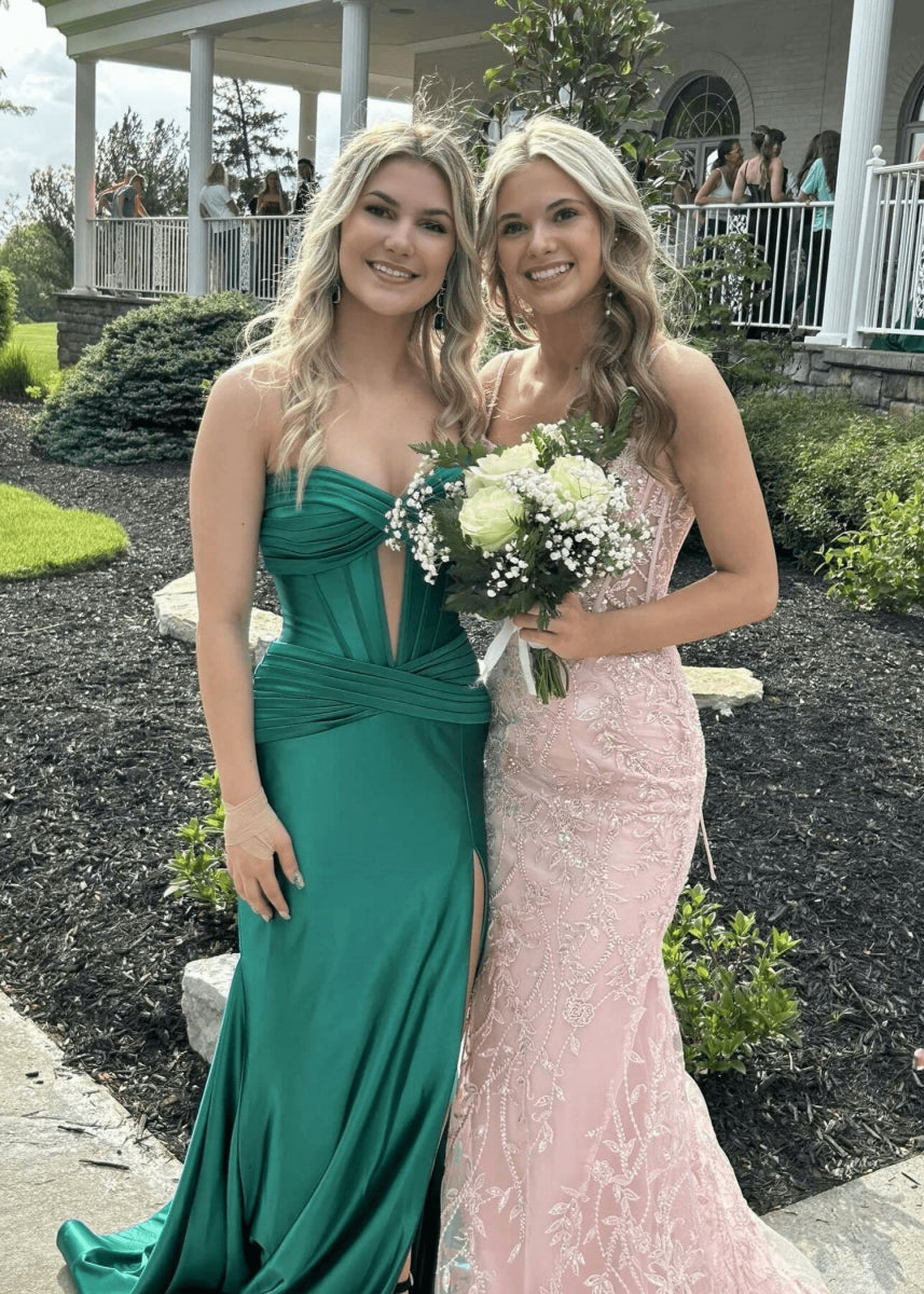 Donna | Mermaid Strapless Emerald Green and Blue Corset Prom Dress Split with Train - Emerald Green - PromDressClub