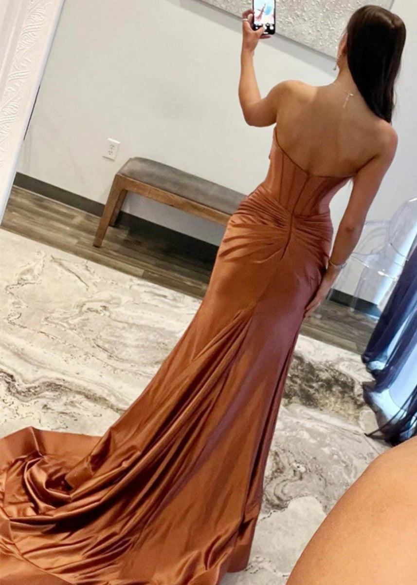 Donna | Mermaid Strapless Emerald Green and Blue Corset Prom Dress Split with Train - Rose Gold - PromDressClub