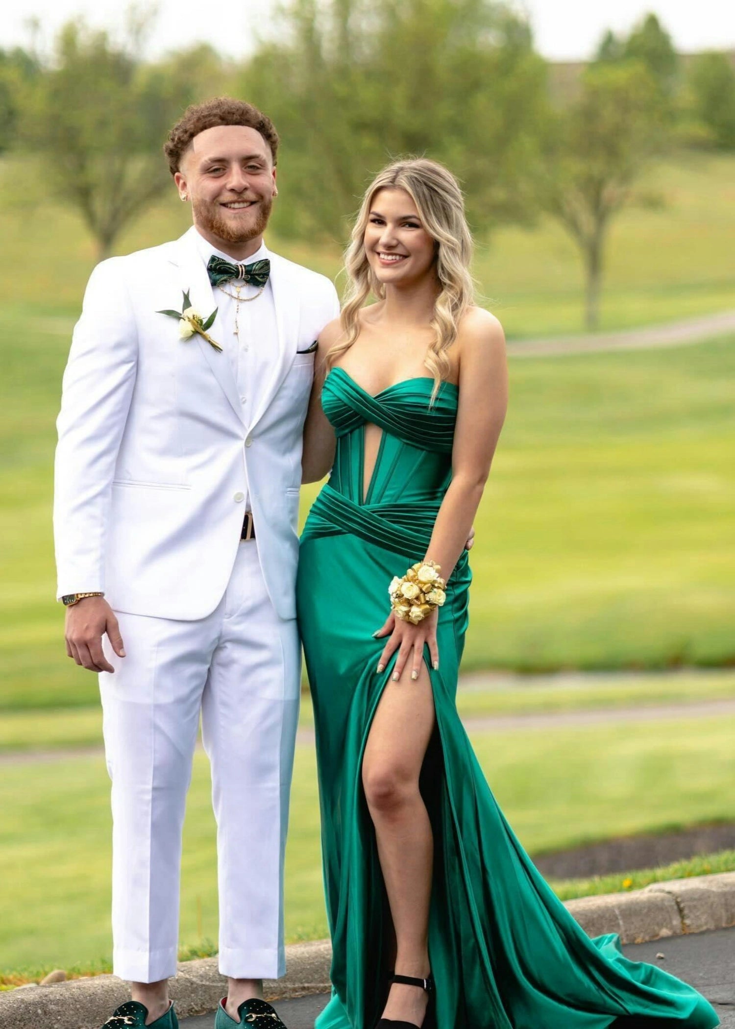 Donna | Mermaid Strapless Emerald Green and Blue Corset Prom Dress Split with Train - Emerald Green - PromDressClub