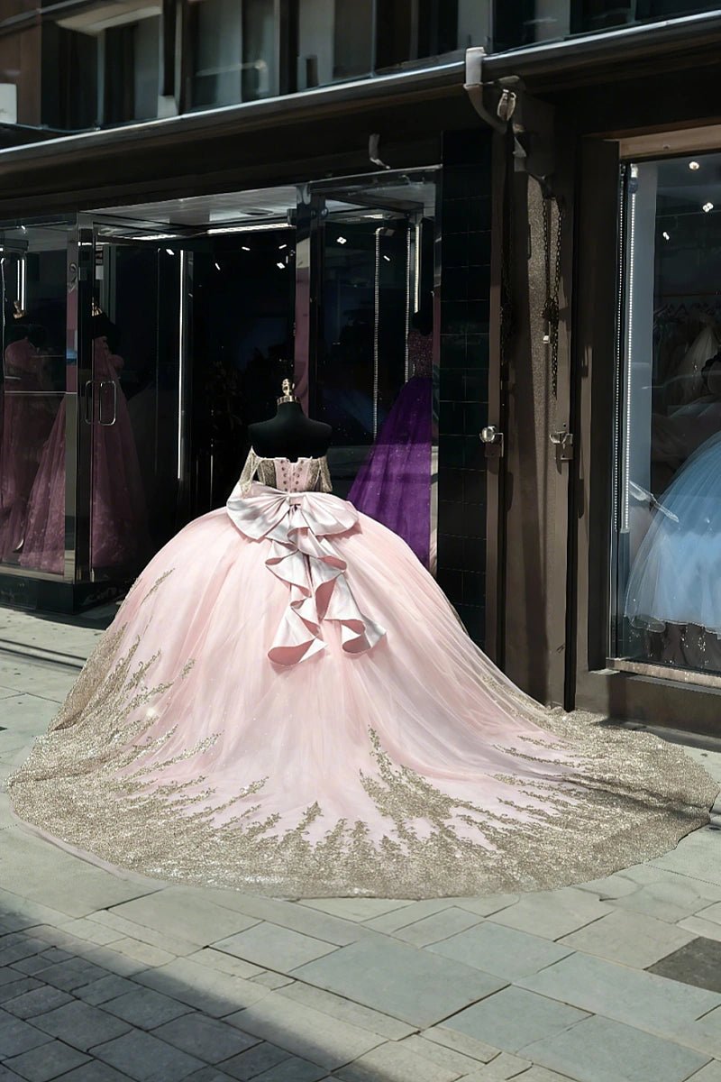 Dora | Gorgeous Light Pink and Gold Quinceanera Dresses with Bow - Perfect for Memorable Celebrations - Light Pink - PromDressClub