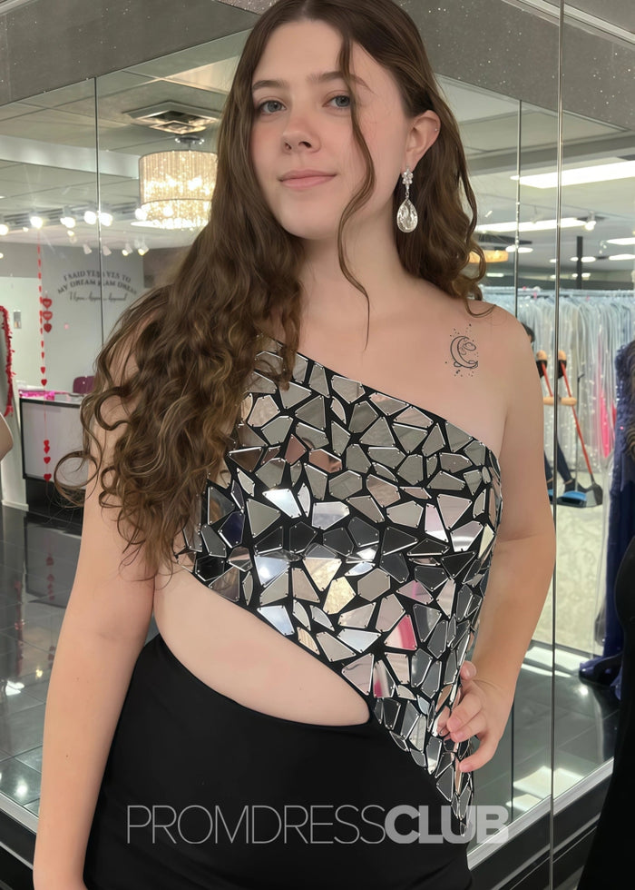 Doreen |Plus Size Black Prom Dress With Long Mermaid Sheath One Shoulder Cut Mirror Sequins - Black - PromDressClub