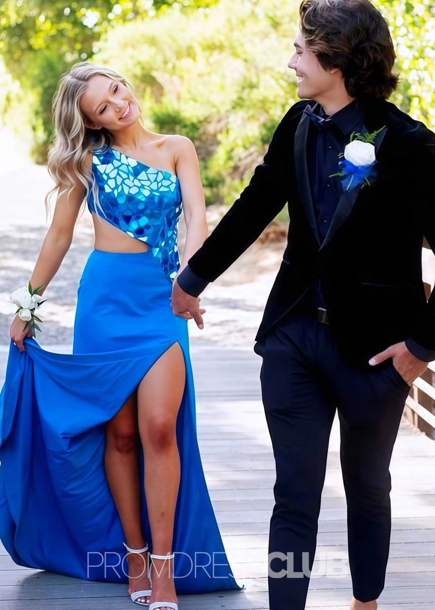 Doreen |Plus Size Black Prom Dress With Long Mermaid Sheath One Shoulder Cut Mirror Sequins - Blue - PromDressClub