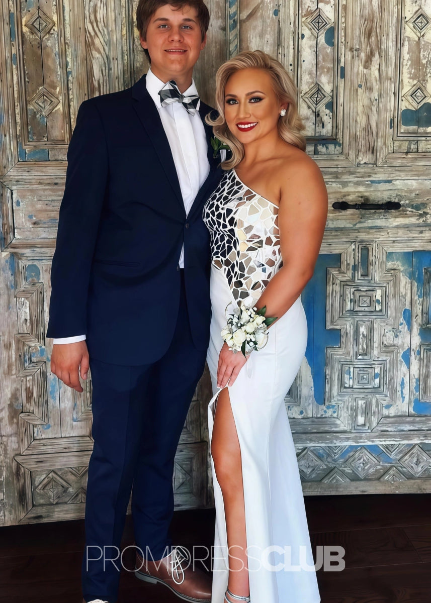 Doreen |Plus Size Black Prom Dress With Long Mermaid Sheath One Shoulder Cut Mirror Sequins - White - PromDressClub