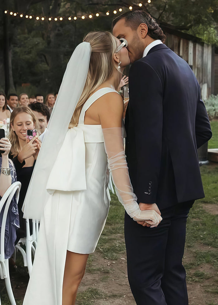 Doris | Bodycon Square Neck White Satin Mini/Short Wedding Dress with Bow Back and Veil - Price #price_variant_lowest# - White - PromDressClub