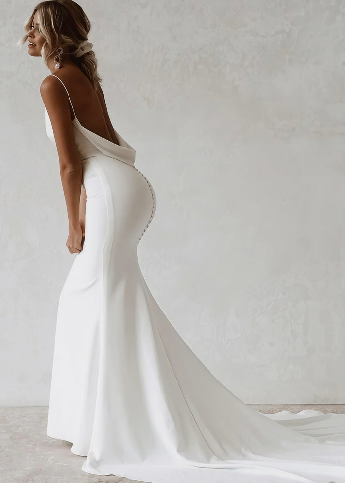 Dorothy | Elegant Back Buttons Backless Mermaid Stretch Satin Maxi Wedding Dress with V - Neck and Long Train - Price #price_variant_lowest# - White - PromDressClub
