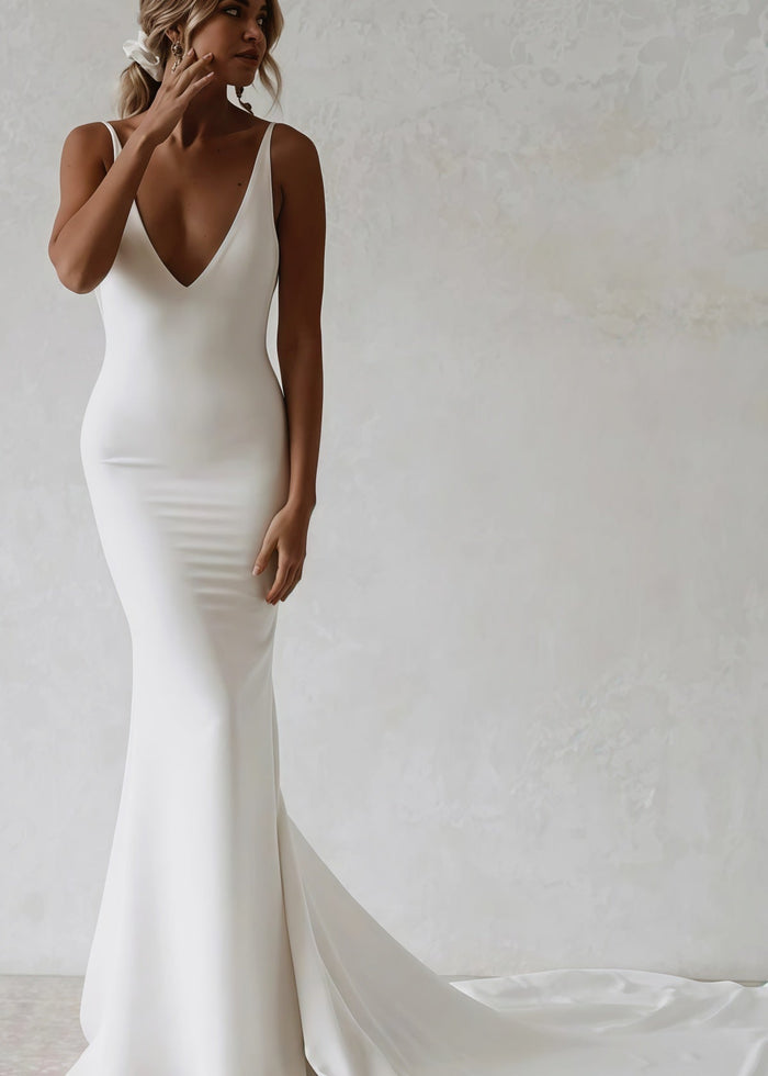 Dorothy | Elegant Back Buttons Backless Mermaid Stretch Satin Maxi Wedding Dress with V - Neck and Long Train - Price #price_variant_lowest# - White - PromDressClub