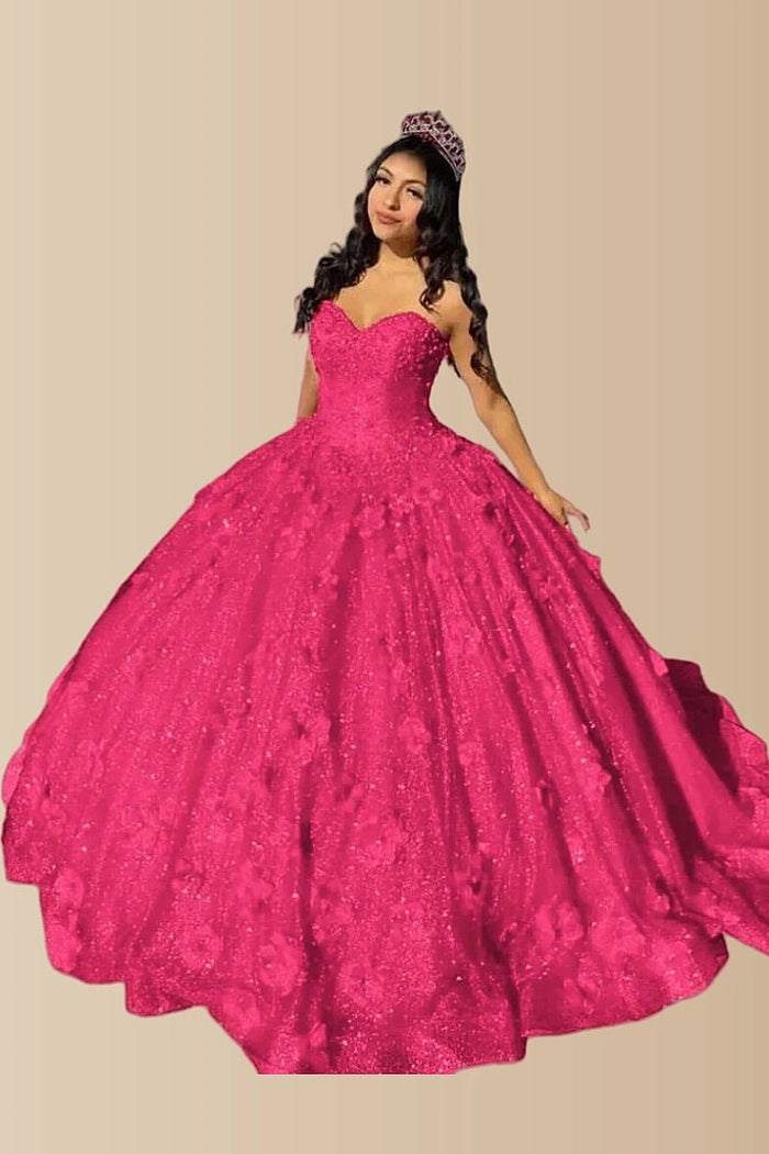 Dorothy | Gorgeous Glitter Red 3D Flower Quinceanera Dresses - Available in Fuchsia, Navy Blue, Royal Blue & Black! - Fuchsia - PromDressClub