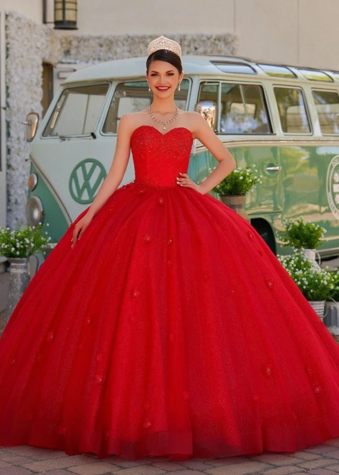 Dorothy | Gorgeous Glitter Red 3D Flower Quinceanera Dresses - Available in Fuchsia, Navy Blue, Royal Blue & Black! - Red - PromDressClub