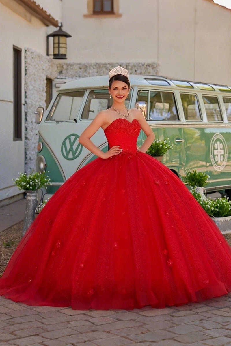 Dorothy | Gorgeous Glitter Red 3D Flower Quinceanera Dresses - Available in Fuchsia, Navy Blue, Royal Blue & Black! - Red - PromDressClub
