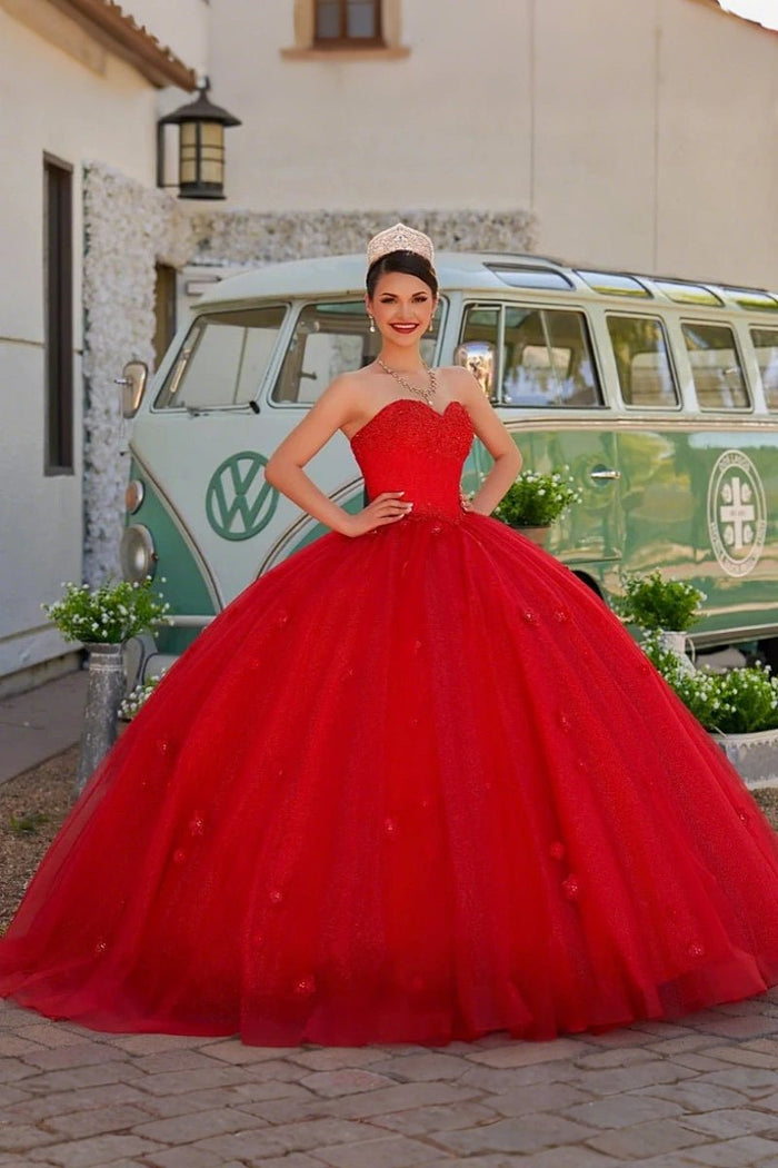 Dorothy | Gorgeous Glitter Red 3D Flower Quinceanera Dresses - Available in Fuchsia, Navy Blue, Royal Blue & Black! - Red - PromDressClub