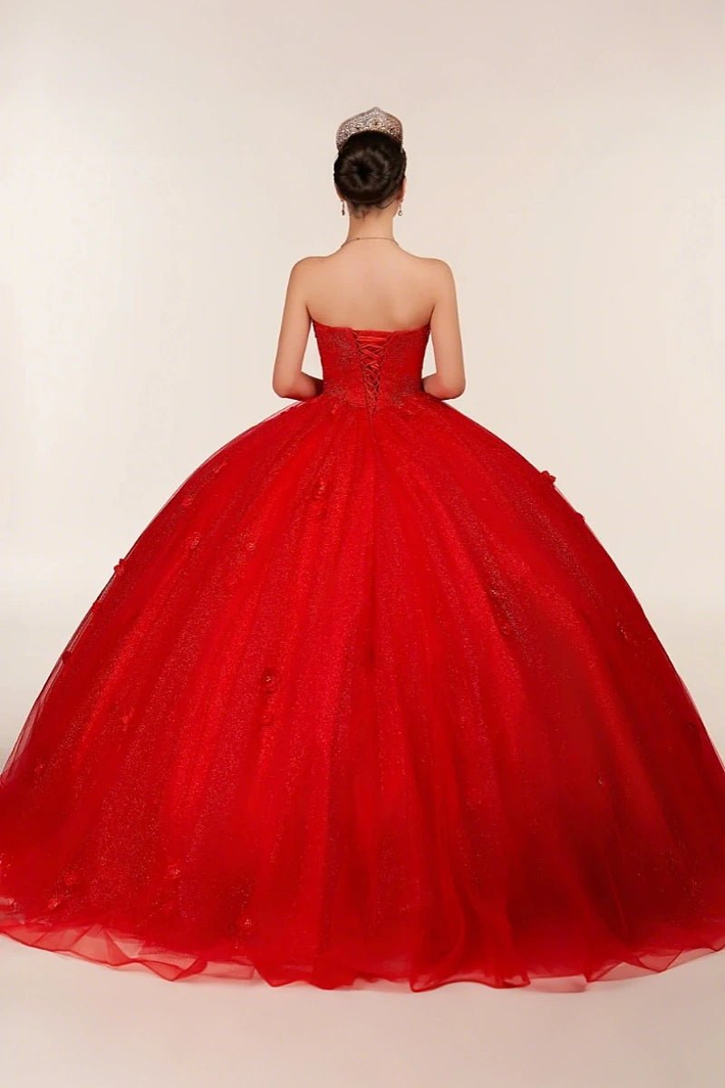 Dorothy | Gorgeous Glitter Red 3D Flower Quinceanera Dresses - Available in Fuchsia, Navy Blue, Royal Blue & Black! - Red - PromDressClub