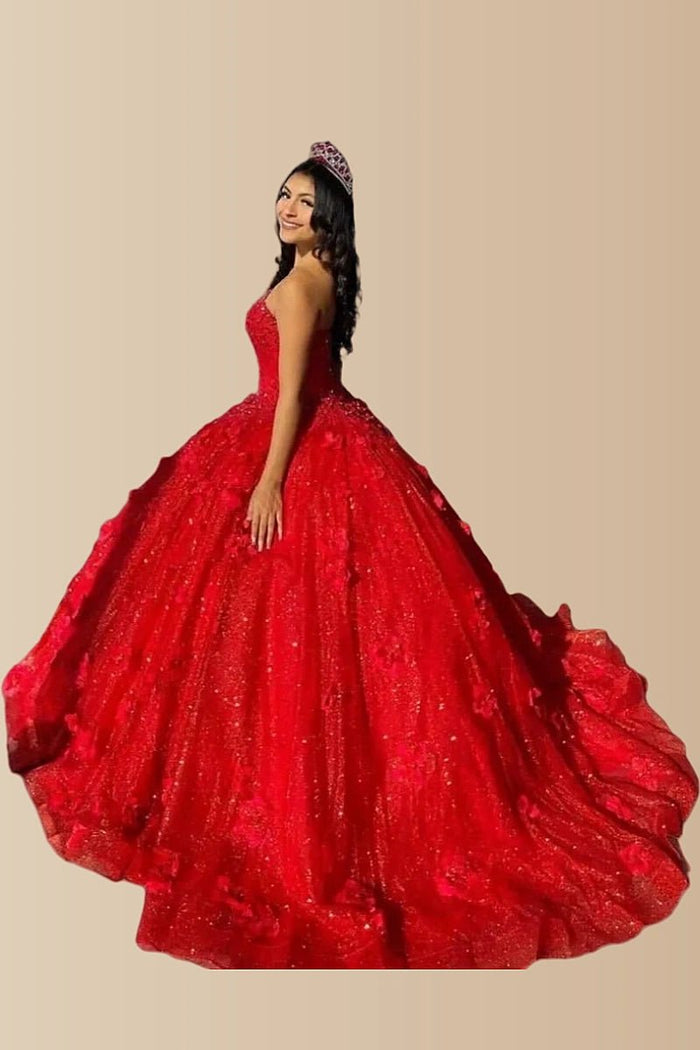 Dorothy | Gorgeous Glitter Red 3D Flower Quinceanera Dresses - Available in Fuchsia, Navy Blue, Royal Blue & Black! - Red - PromDressClub