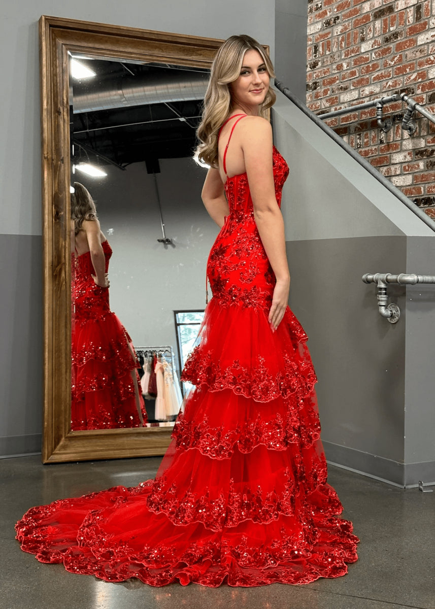 Dorothy | Red Lavender Mermaid One Shoulder Sequin Formal Dresses with Ruffles - Red - PromDressClub