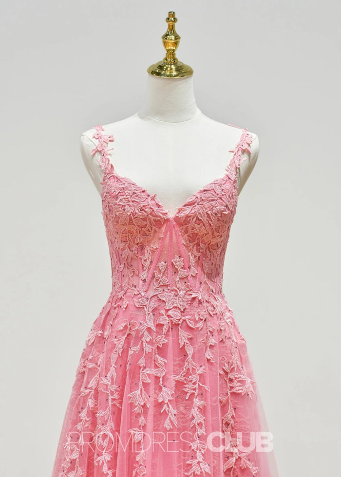 Eartha |Long Navy Blue Prom Dress Lace Tulle With A Line Sweetheart 3D Flower Slit - Hot Pink - PromDressClub