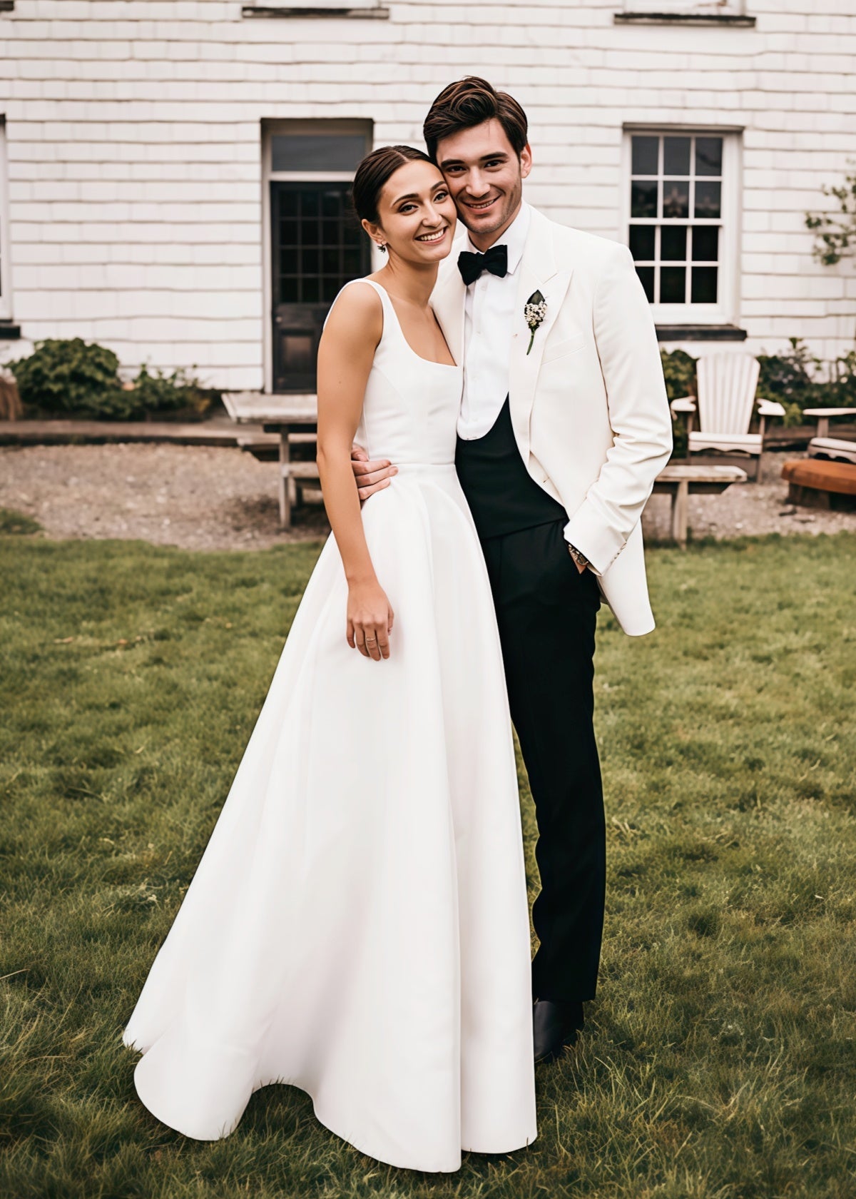 Eartha | Modern Backless Square Neck White Satin Long Wedding Dress with A - Line - Price #price_variant_lowest# - White - PromDressClub