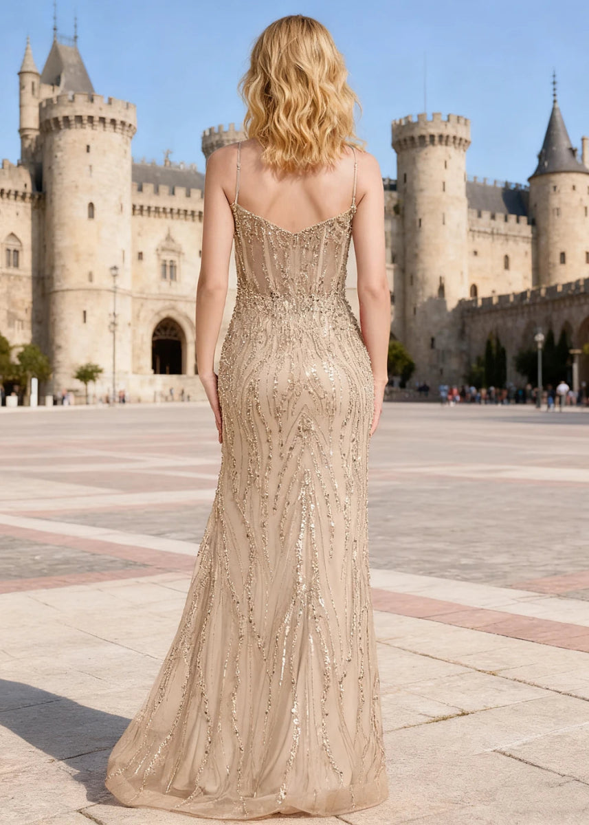 Ebullience Champagne Sequins Mermaid Prom Dress | Spaghetti Straps Sweetheart Neckline Floor Length Slit Dress - US0 - PromDressClub