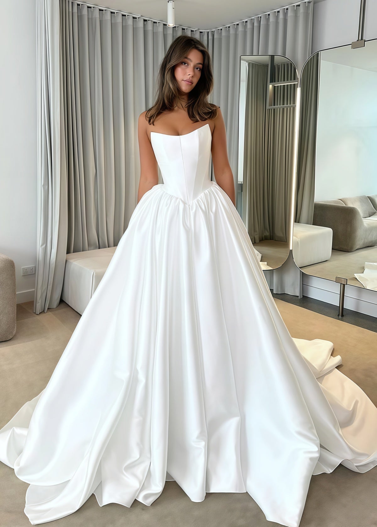 Edith | Ball Gown/Princess Strapless Backless White Satin Maxi Wedding Dress - Price #price_variant_lowest# - White - PromDressClub