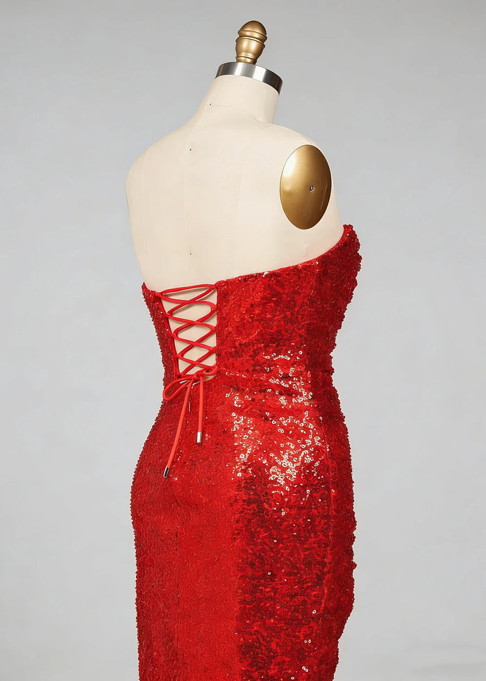 Eira Red Sparkly Prom Dress | Sheath Strapless Sweet Train Sequin Cokctail Dress with Slit - Red - PromDressClub
