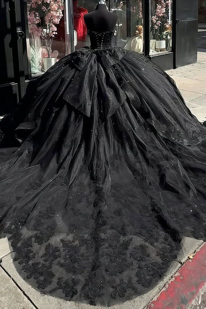 Elaine |Ball Gown Black Quince Dresses Sweetheart Off the Shoulder with Flowers Beaded - Black - PromDressClub