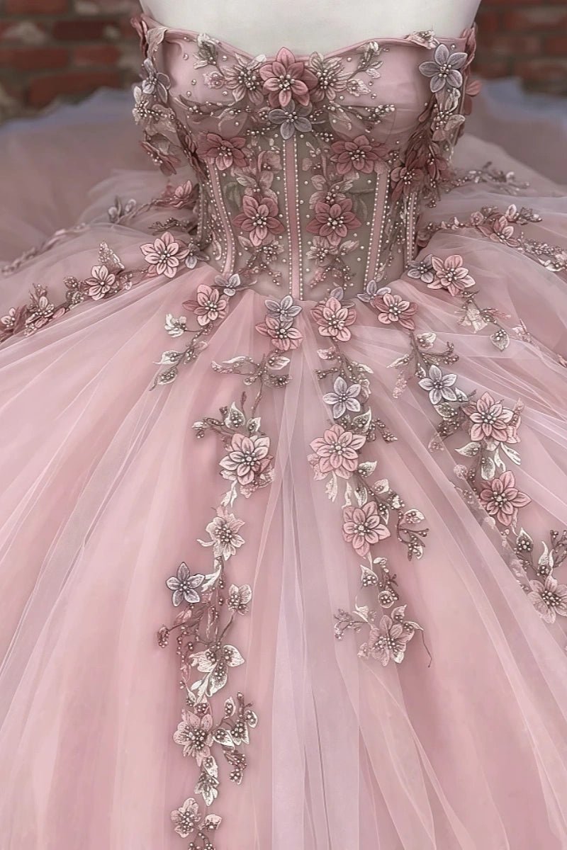 Elaine | Gorgeous Pink 3D Flower Embellished Quinceanera Dresses - Elegant & Dreamy - Pink - PromDressClub