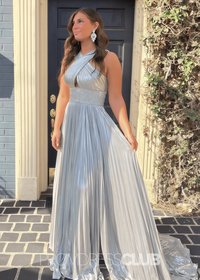 Elaine |Long Gold Prom Dress Metallis With Pleated Criss Cross Straps Slit - Silver - PromDressClub