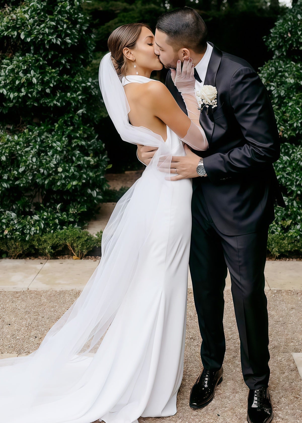 Eleanore | Classic Trumpet/Mermaid High Neck Backless White Satin Maxi Wedding Dress with Long Train - Price #price_variant_lowest# - White - PromDressClub