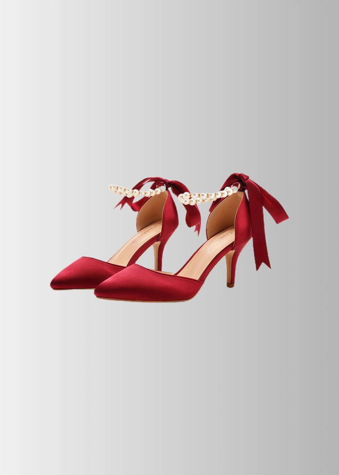 Elegant Satin Heels - Dark Green and White Pointed Toe Pearl Strap Heels for Every Occasion - Burgundy - PromDressClub