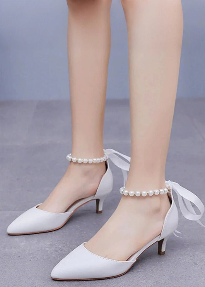 Elegant Satin Heels - Dark Green and White Pointed Toe Pearl Strap Heels for Every Occasion - Dark Green - PromDressClub