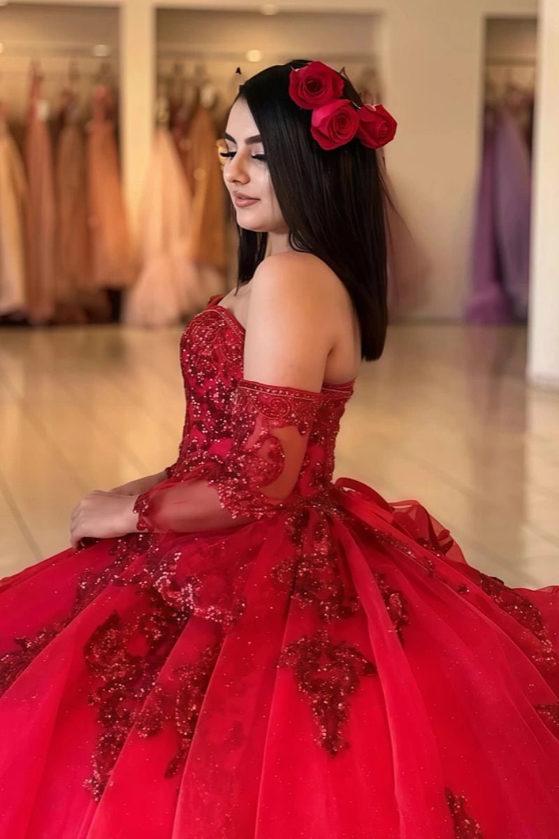 Elise | Gorgeous Red Long Sleeve Quinceanera Dresses with Ruffles - Red - PromDressClub