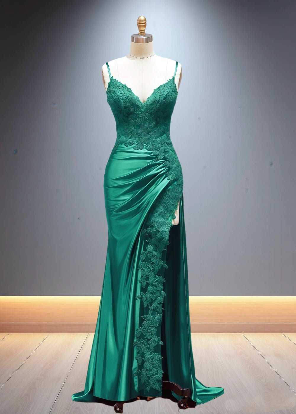 Eliy | Sheath Lace Appliques Satin Corser Black Formal Dress with Slit - Emerald Green - PromDressClub