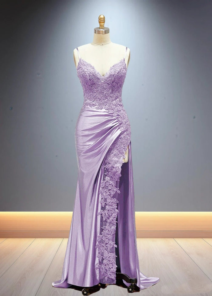 Eliy | Sheath Lace Appliques Satin Corser Black Formal Dress with Slit - Lilac - PromDressClub