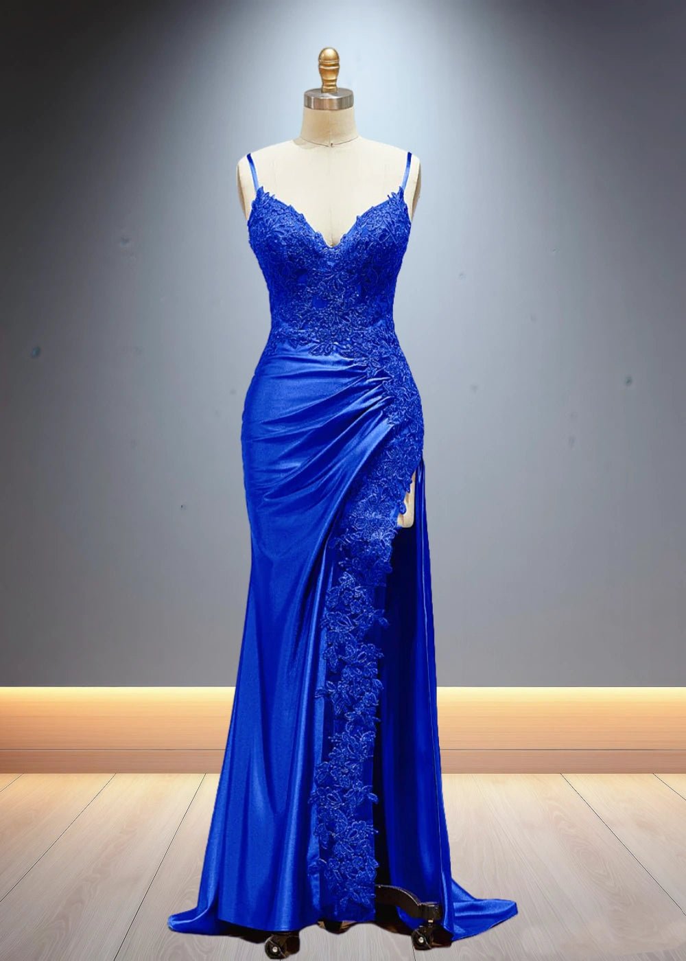 Eliy | Sheath Lace Appliques Satin Corser Black Formal Dress with Slit - Royal Blue - PromDressClub