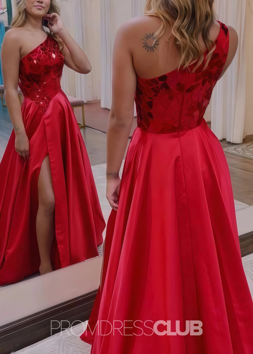 Elizabeth |Long Red Prom Dress Sequins With A Line One Shoulder Slit - Red - PromDressClub