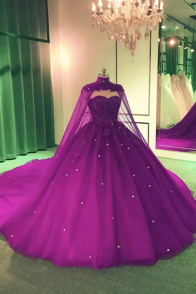 Ella | Gorgeous Sparkling Ball Gown Strapless Red Quinceanera Dresses with Cape - Available in Multiple Colors! - Purple - PromDressClub