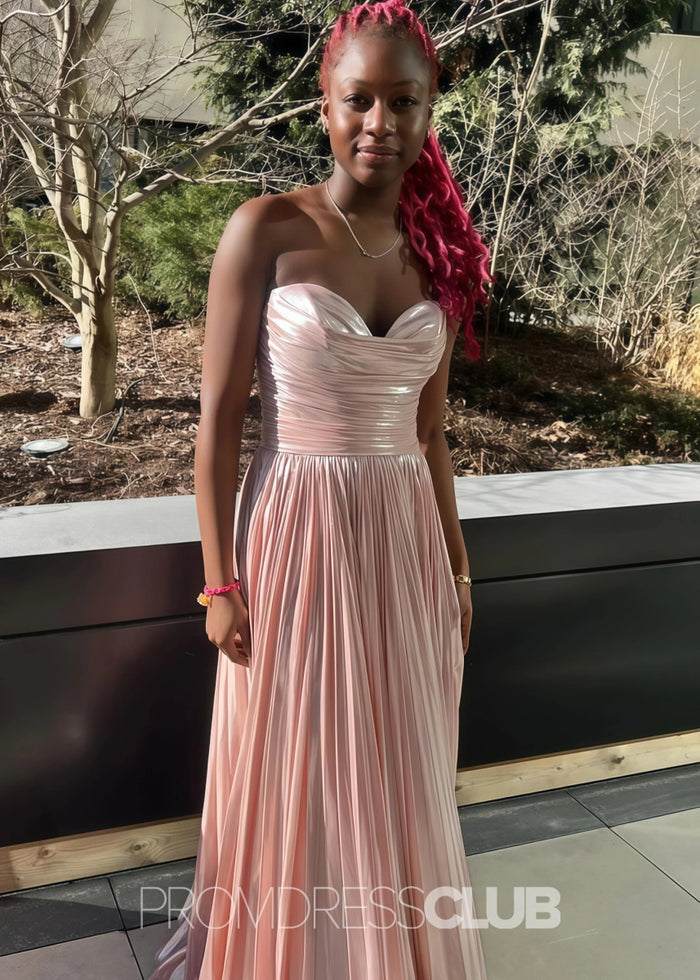 Ella |Long Green Prom Dress Metallic With A Line Strapless Pleated Slit - Candy Pink - PromDressClub