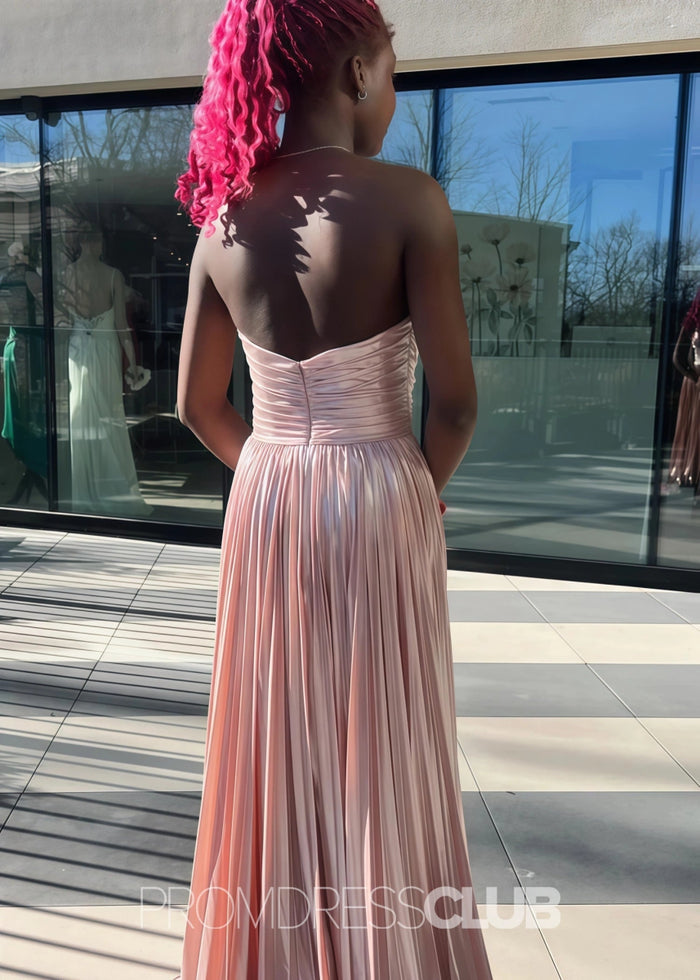 Ella |Long Green Prom Dress Metallic With A Line Strapless Pleated Slit - Candy Pink - PromDressClub