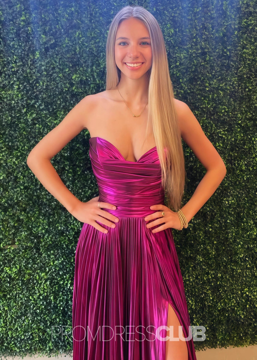 Ella |Long Green Prom Dress Metallic With A Line Strapless Pleated Slit - Fuchsia - PromDressClub