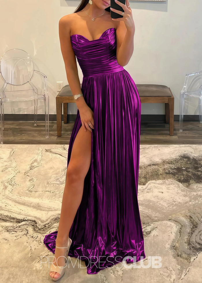 Ella |Long Green Prom Dress Metallic With A Line Strapless Pleated Slit - Purple - PromDressClub
