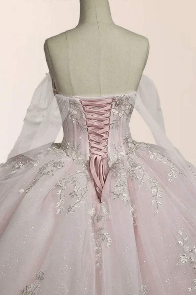 Ellie | Exquisite Light Pink Lace Strapless Corset Quinceanera Dresses for Memorable Celebrations - Light Pink - PromDressClub